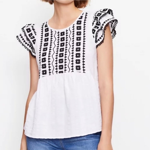 LOFT White Black Linen Blend Embroidered Peplum Flutter Sleeve Shirt SZ Large - Picture 1 of 12